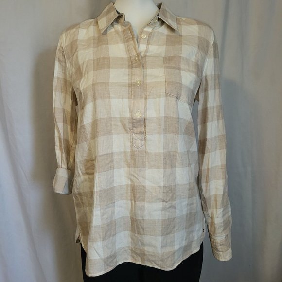 TOMMY HILFIGER Plaid Button Up Shirt, Tan & Cream, Size Medium, NWOT - Picture 1 of 5